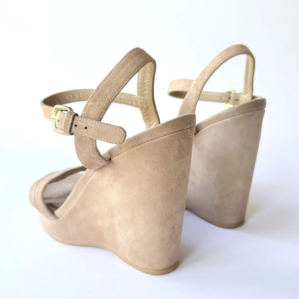 Stuart Weitzman Sundraped Tan / Beige Suede Wedge Ankle Strap Sandals 8.5